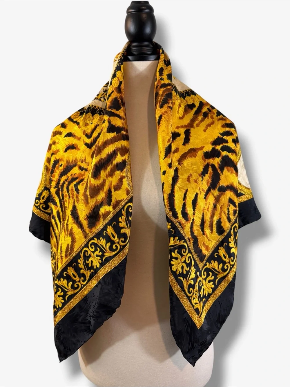 Vintage Tiger Baroque Silk Scarf 34” Giancarlo Milano Print Rolled Hem